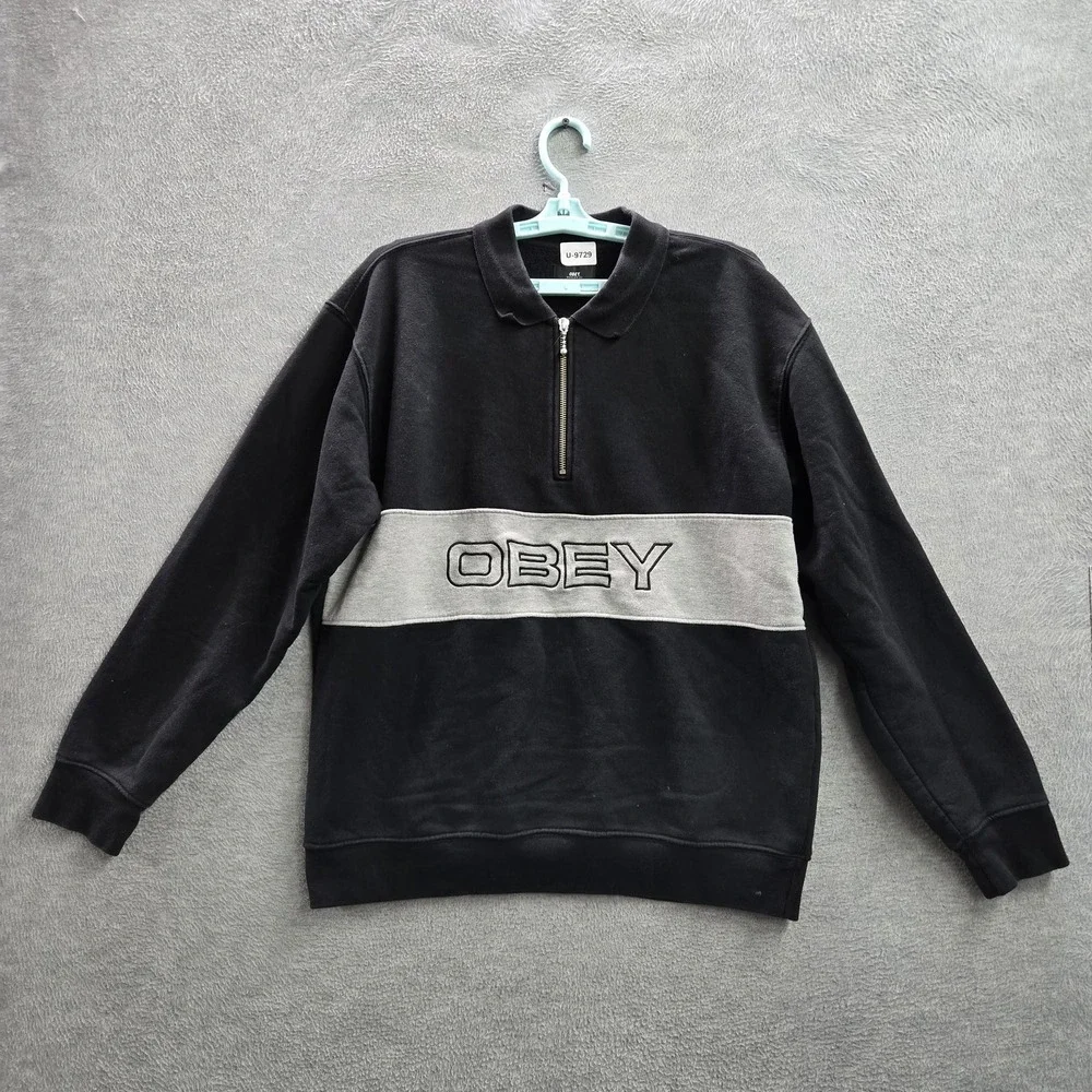 OBEY Men Sweatshirt M Black Chest Text Embroidery Colorblock Fleece 1/4 Zip Logo